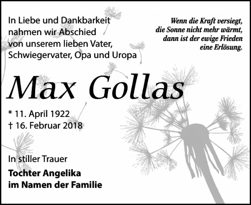  Traueranzeige für Max Gollas vom 17.03.2018 aus Leipziger Volkszeitung