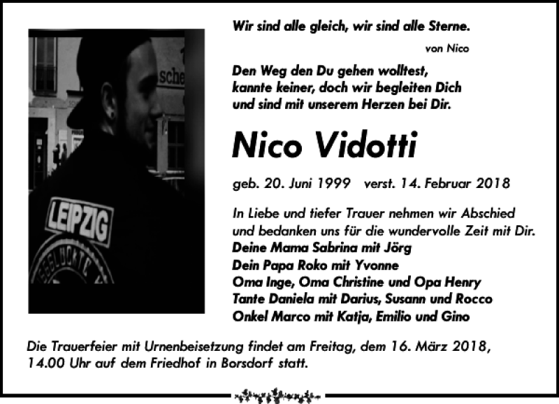  Traueranzeige für Nico Vidotti vom 03.03.2018 aus Leipziger Volkszeitung