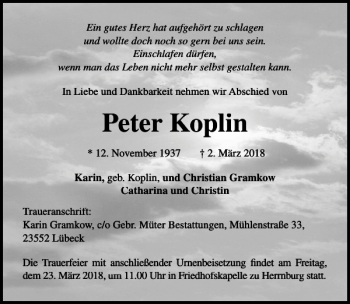 Traueranzeige von Peter Koplin von Lübecker Nachrichten