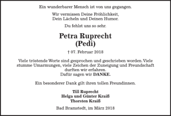 Traueranzeige von Petra Ruprecht (Pedi) von Kieler Nachrichten / Segeberger Zeitung