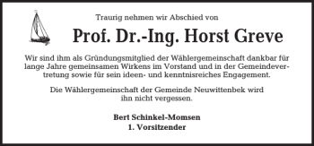 Traueranzeige von Prof. Dr.-Ing. Horst von Kieler Nachrichten / Segeberger Zeitung