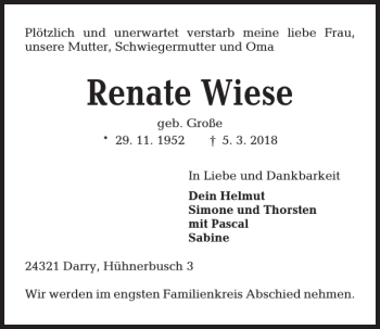 Traueranzeige von Renate Wiese von Kieler Nachrichten / Segeberger Zeitung