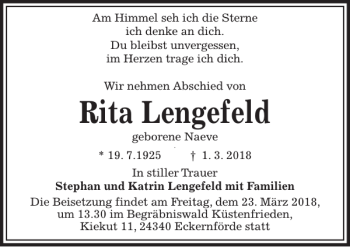Traueranzeige von Rita Lengefeld von Kieler Nachrichten / Segeberger Zeitung