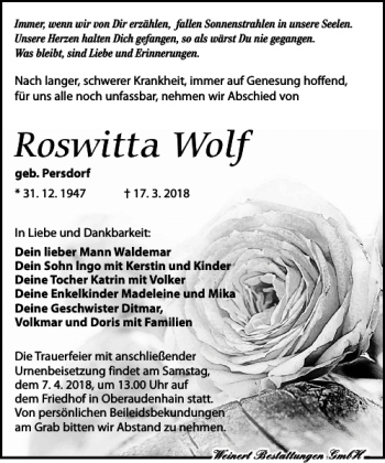 Traueranzeige von Roswitta Wolf von Torgauer Zeitung