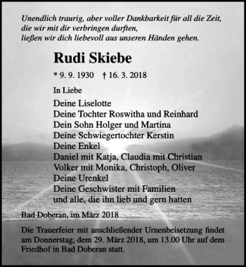 Traueranzeige von Rudi Skiebe von Ostsee-Zeitung
