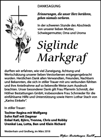 Traueranzeige von Siglinde Markgraf von Torgauer Zeitung