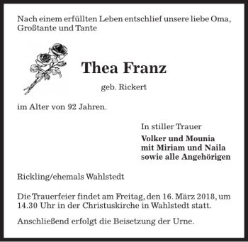 Traueranzeige von Thea Franz von Kieler Nachrichten / Segeberger Zeitung