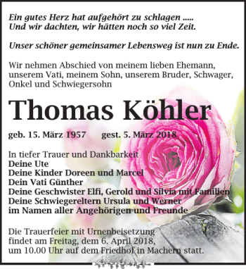 Traueranzeige von Thomas Köhler von Leipziger Volkszeitung