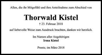 Traueranzeige von Thorwald Kistel von Kieler Nachrichten / Segeberger Zeitung
