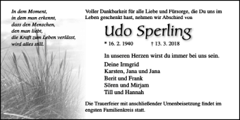 Traueranzeige von Udo Sperling von Ostsee-Zeitung