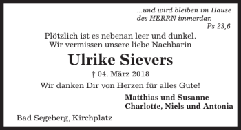 Traueranzeige von Ulrike Sievers von Kieler Nachrichten / Segeberger Zeitung