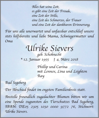 Traueranzeige von Ulrike Sievers von Lübecker Nachrichten