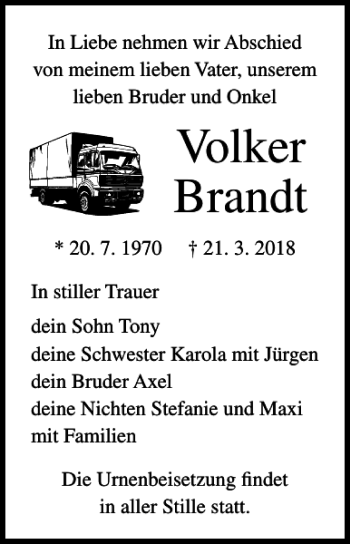 Traueranzeige von Volker Brandt von Ostsee-Zeitung