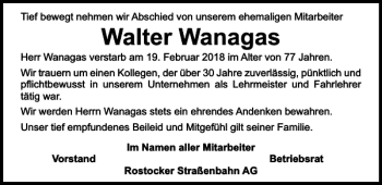 Traueranzeige von Walter Wanagas von Ostsee-Zeitung