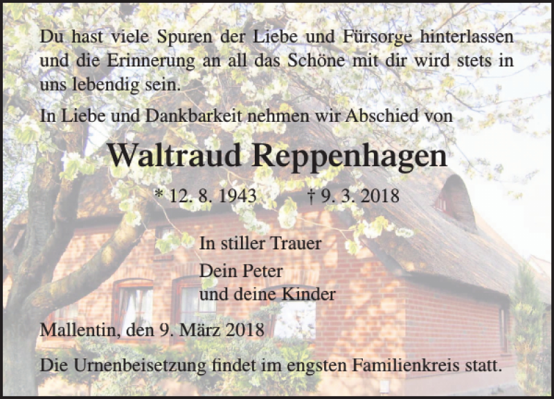  Traueranzeige für Waltraud Reppenhagen vom 17.03.2018 aus Ostsee-Zeitung
