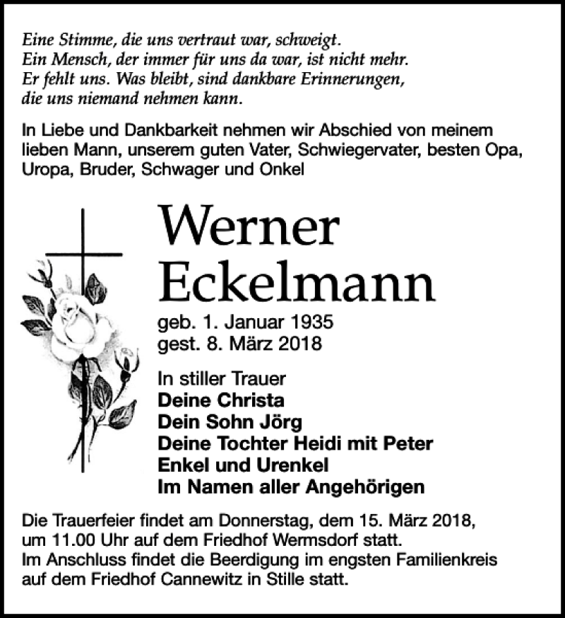  Traueranzeige für Werner Eckelmann vom 10.03.2018 aus Leipziger Volkszeitung