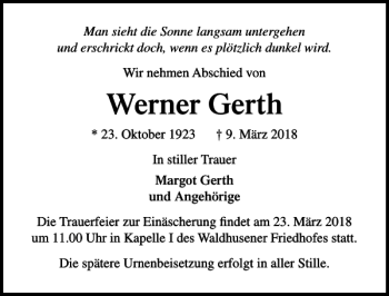 Traueranzeige von Werner Gerth von Lübecker Nachrichten