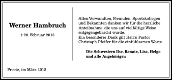 Traueranzeige von Werner Hambruch von Kieler Nachrichten / Segeberger Zeitung