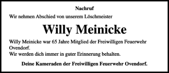 Traueranzeige von Willy Meinicke von Lübecker Nachrichten