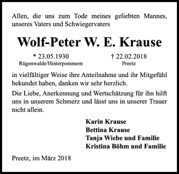 Traueranzeige von Wolf-Peter Krause von Kieler Nachrichten / Segeberger Zeitung