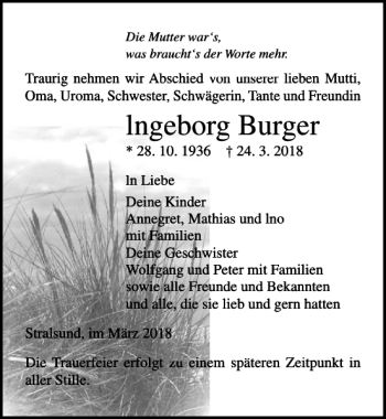Traueranzeige von lngeborg Burger von Ostsee-Zeitung