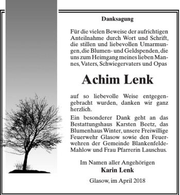 Traueranzeige von Achim Lenk von MAZ-Trauer.de