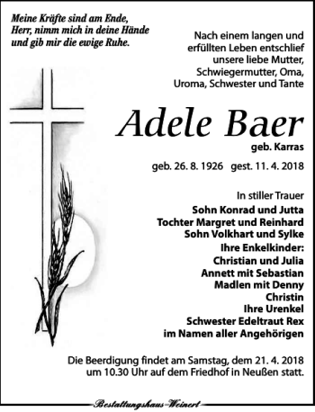 Traueranzeige von Adele Baer von Torgauer Zeitung