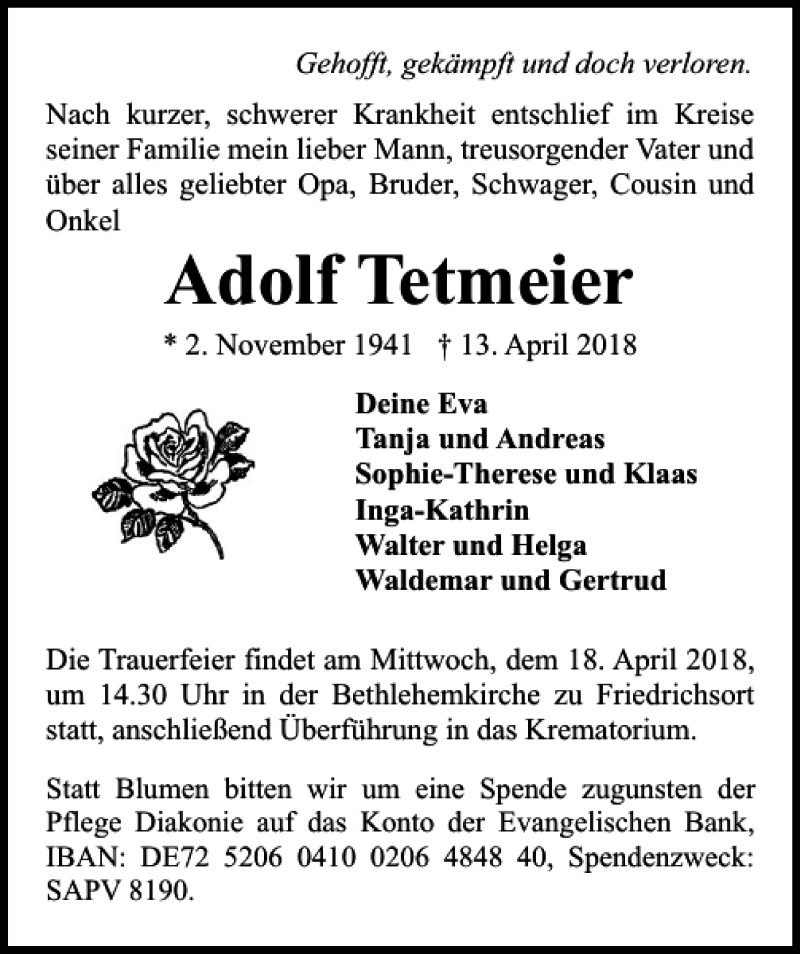  Traueranzeige für Adolf Tetmeier vom 17.04.2018 aus Kieler Nachrichten / Segeberger Zeitung