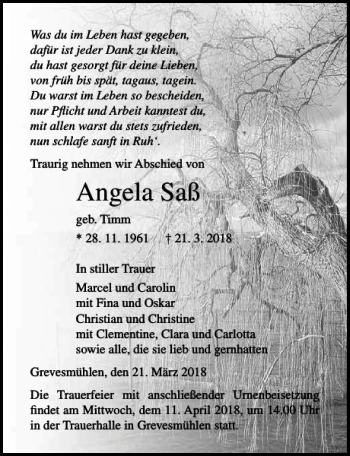 Traueranzeige von Angela Saß von Ostsee-Zeitung