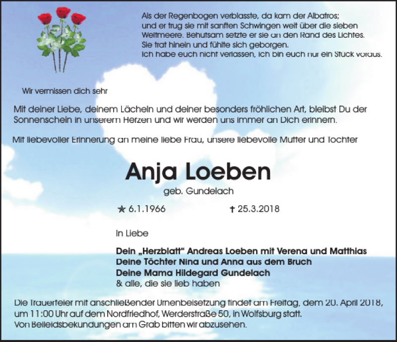  Traueranzeige für Anja Loeben vom 07.04.2018 aus Aller Zeitung / Wolfsburger Allgemeine