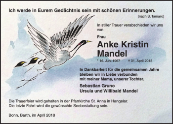 Traueranzeige von Anke Kristin Mandel von Ostsee-Zeitung