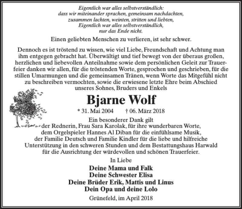 Traueranzeigen Von Bjarne Wolf | Trauer-anzeigen.de