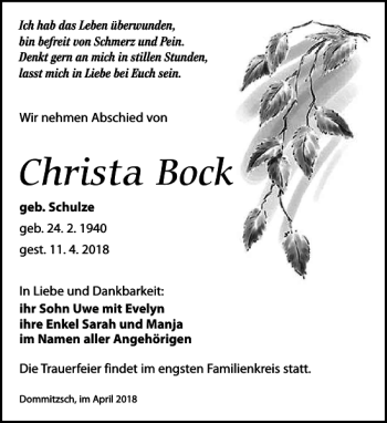 Traueranzeige von Christa Bock von Torgauer Zeitung