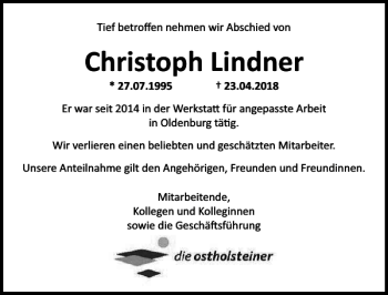 Traueranzeige von Christoph Lindner von Lübecker Nachrichten