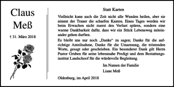 Traueranzeige von Claus Meß von Lübecker Nachrichten