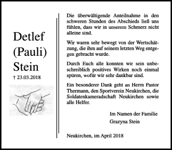Traueranzeige von Detlef Pauli Stein von Lübecker Nachrichten