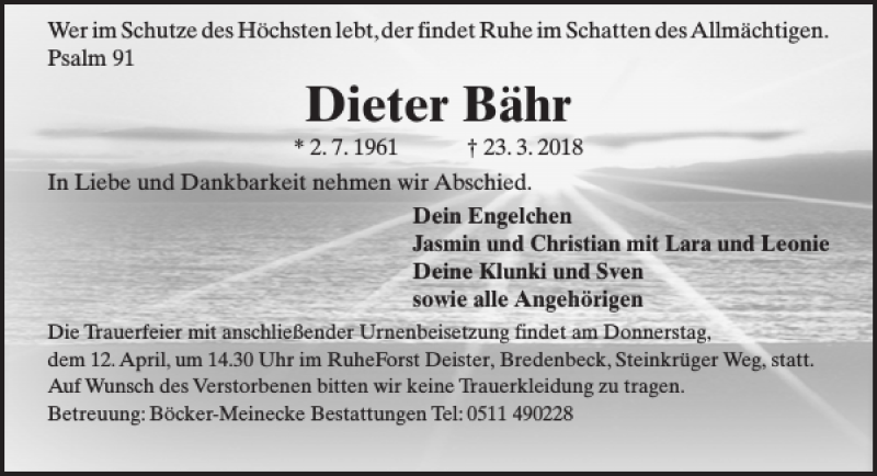  Traueranzeige für Dieter Bähr vom 07.04.2018 aus HAZ/NP