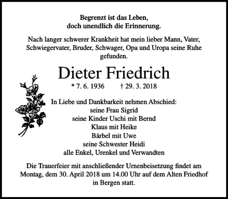  Traueranzeige für Dieter Friedrich vom 07.04.2018 aus Ostsee-Zeitung