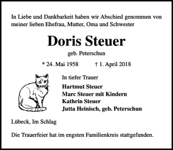Traueranzeige von Doris Steuer von Lübecker Nachrichten