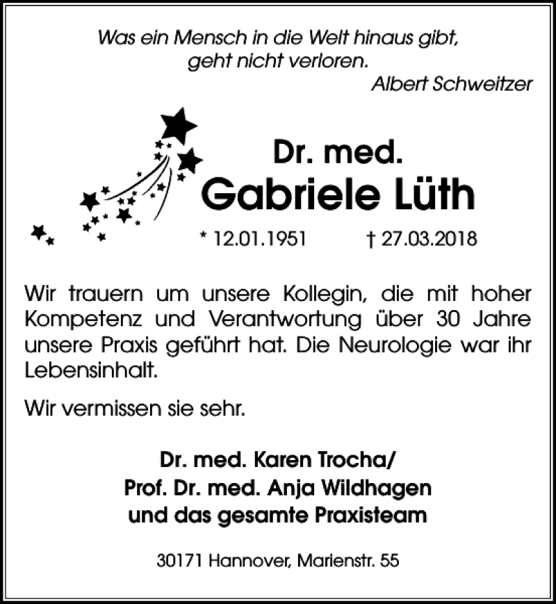  Traueranzeige für Dr.med. Gabriele Lüth vom 21.04.2018 aus HAZ/NP