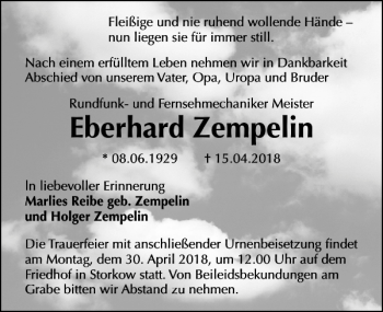 Traueranzeige von Eberhard Zempelin von MAZ-Trauer.de