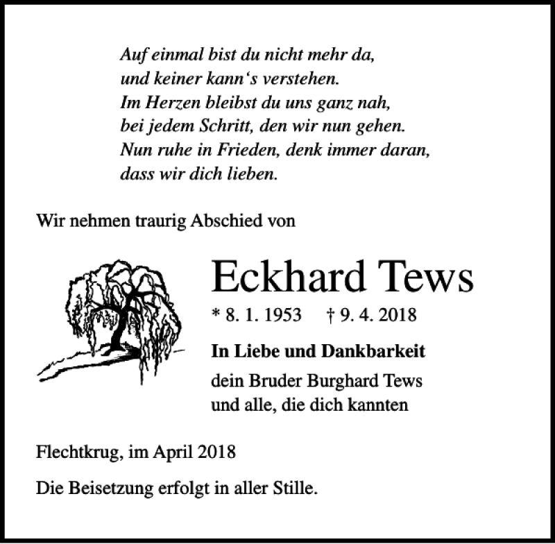  Traueranzeige für Eckhard Tews vom 21.04.2018 aus Ostsee-Zeitung