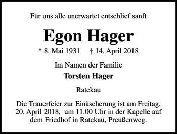 Traueranzeige von Egon Hager von Lübecker Nachrichten