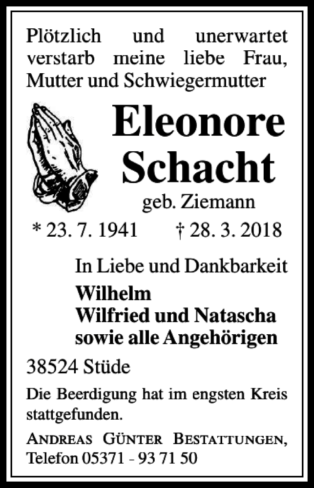  Traueranzeige für Eleonore Schulze vom 05.04.2018 aus Aller Zeitung / Wolfsburger Allgemeine