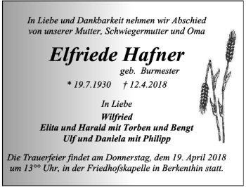 Traueranzeige von Elfriede Hafner von Lübecker Nachrichten