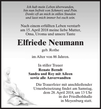 Traueranzeige von Elfriede Neumann von MAZ-Trauer.de