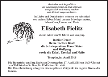 Traueranzeige von Elisabeth Fielitz von MAZ-Trauer.de