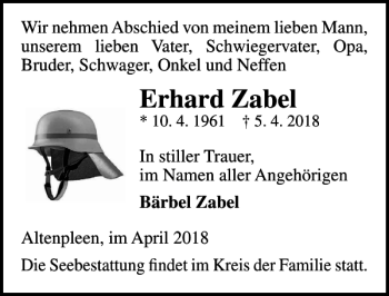 Traueranzeige von Erhard Zabel von Ostsee-Zeitung