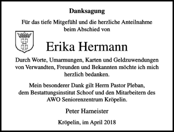 Traueranzeige von Erika Hermann von Ostsee-Zeitung
