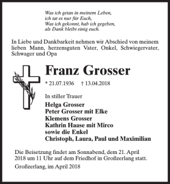 Traueranzeige von Franz Grosser von MAZ-Trauer.de